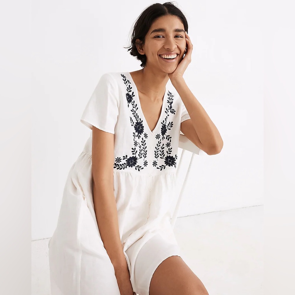 Madewell White Navy Embroidered Linen-Blend Alexandra Button-Front Mini Dress - Picture 2 of 8